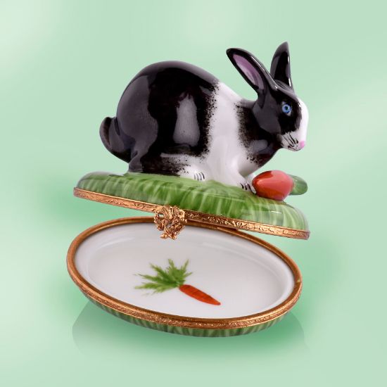 The Cottage Shop Limoges Black And White Rabbit On Grass With Carrot Box