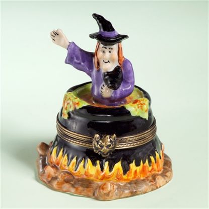Picture of Limoges Witch with Black Cat in Caldron Box 
