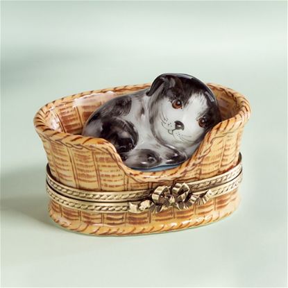 Picture of Limoges Black and White Puppy in Wicker Basket Box