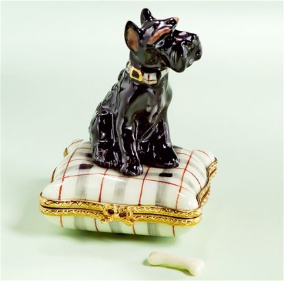Picture of Limoges Black Schnauzer Dog on Pillow Box with Bone