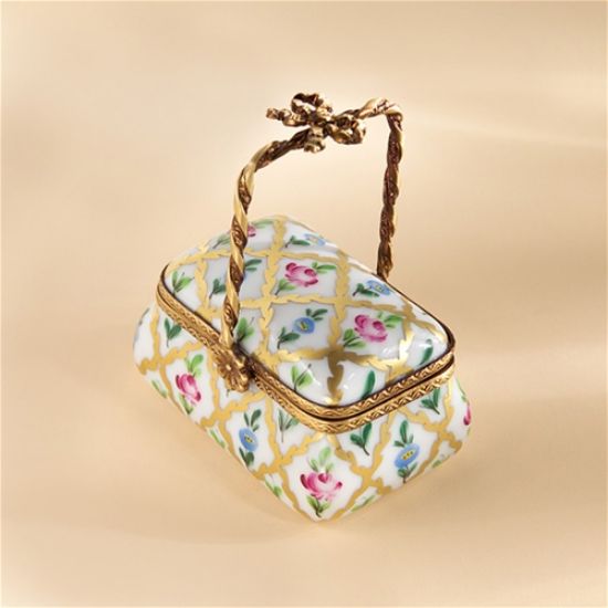 Picture of Limoges Roses and Blue Flowers Gold Grid Basket  Box