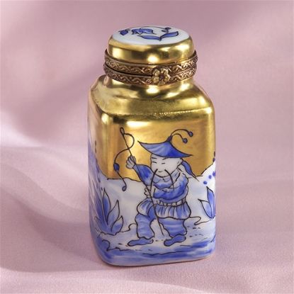 Picture of Limoges Oriental Man with Fish Gold Tea Jar Box