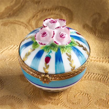 Picture of Limoges Pink Roses on Turquoise Striped  Box