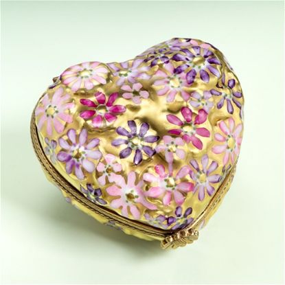 Picture of Limoges Chamart 3D Pink Flowers on Gold Heart Box