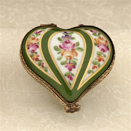 The Cottage Shop - Limoges Green Stripes with Roses Heart Box