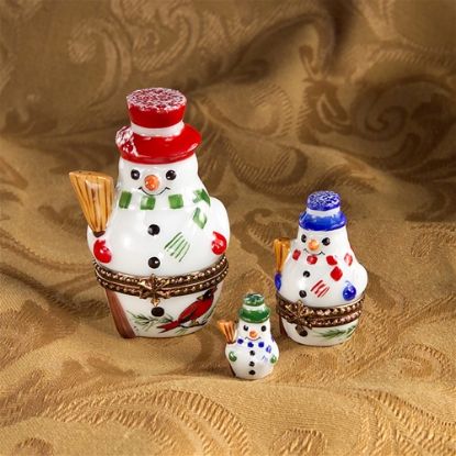 Picture of Limoges 3 Snowman Family with Cardinal Bird and Broom Box