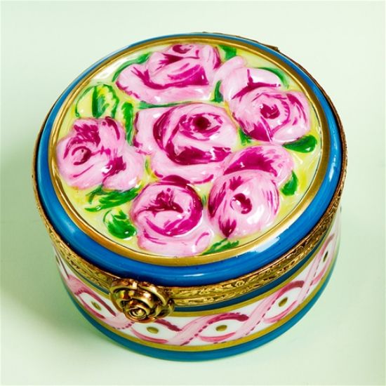 Picture of Limoges 3D Pink Roses Round Box with Blue Decor
