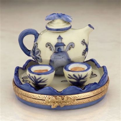 Picture of Limoges Blue and White Oriental Teapot on Tray Box