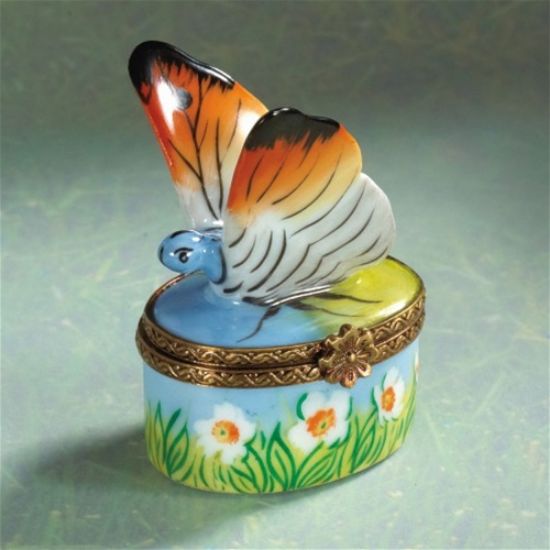 Picture of Limoges Orange Butterfly with Daisies Box