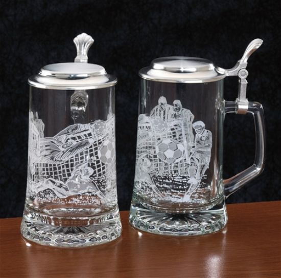 Picture of German Glass Soccer Beer Stein with Pewter Lid, Each.