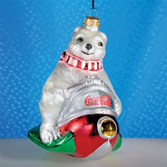 Picture of Coca Cola Bear in Snow Mobile  Glass Christmas ornament 