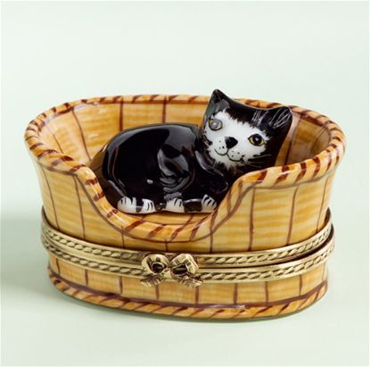 Picture of Limoges Black Cat in Wicker Basket Box