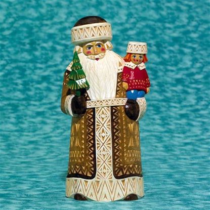 Picture of Russian Hand Carved Wooden Santa with Doll
