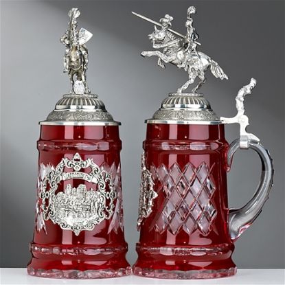 Picture of Lord of Crystal Red Crystal German  Beer Stein with Soldier and  Pewter Lid