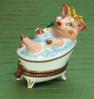 Picture of Limoges Pig Girl in Bathtub with Bubble Box