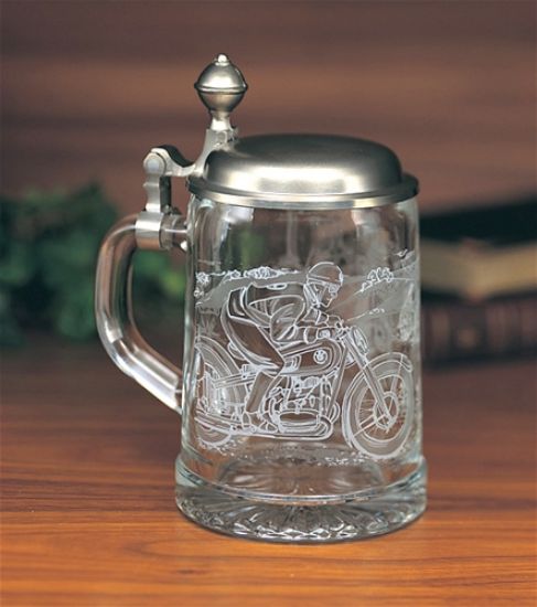 Picture of German Motorcycle Glass Stein with Pewter Lid