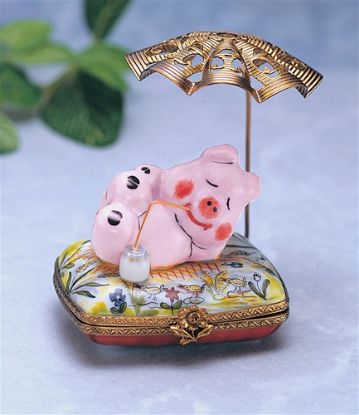 Picture of Limoges Pig Drinking Milk under Parasol Box