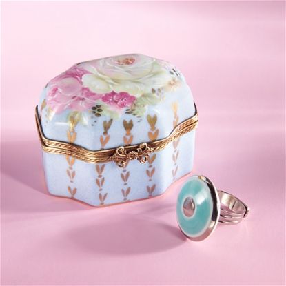 Picture of Limoges Blue  and Roses Ring Box with Ring