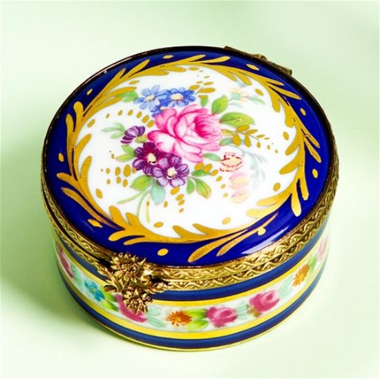 Picture of Limoges Antique Style Blue Round Box with Roses  Box
