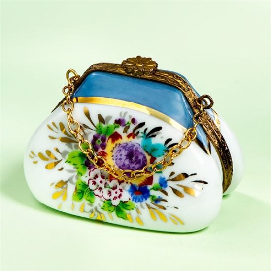 Picture of Limoges Antique Style Blue Purse with Flowers Box