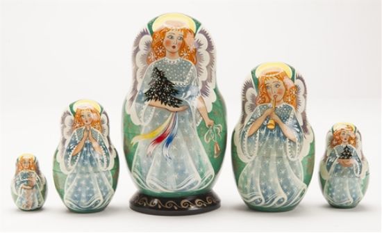 Picture of Russian Wooden Hand Painted Green Angels Matryoshka