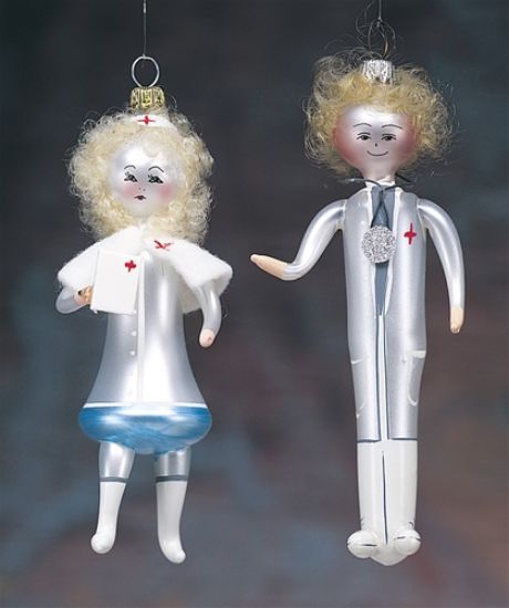 Picture of De Carlini Nurse and Doctor Italian Glass Christmas Ornaments Set of 2