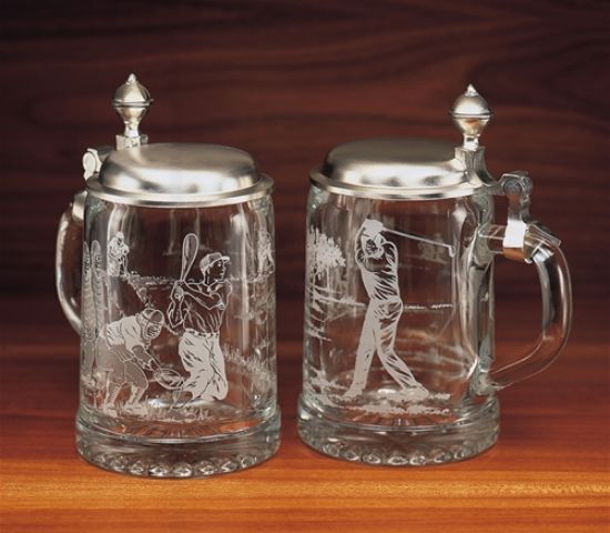 Picture of Baseball Etched Glass Stein with Pewter Lid, Each 