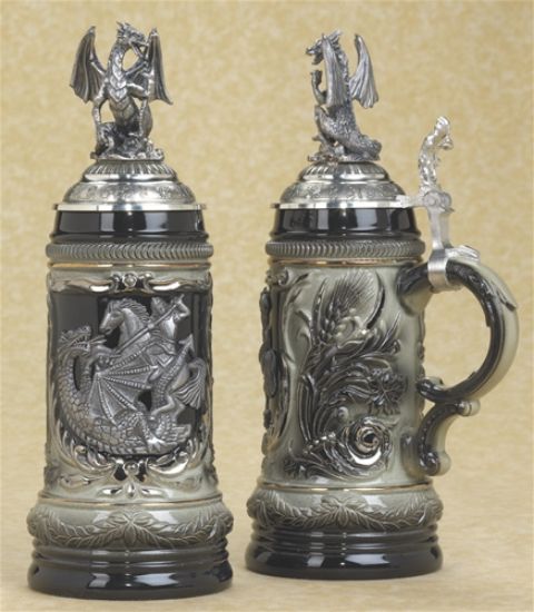 Picture of St George and Dragon German Beerstein with Pewter Lid 