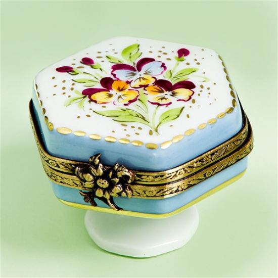 Picture of Limoges Pansies on Blue Box on Pedestal
