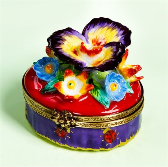 Picture of Limoges Floral Bouquet Of Flowers on Blue Box with Ladybugs 