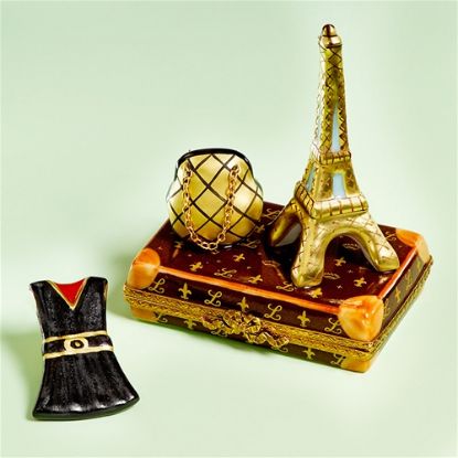 Picture of Limoges Eiffel Tower with Purse and Dress on Suitcase Box