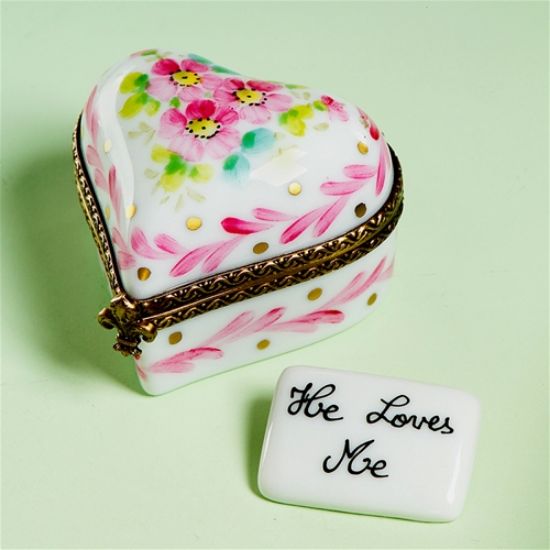 Picture of Limoges Pink Flowers Heart Box "He Loves Me"
