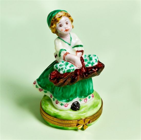 Picture of Limoges Irish Girl with Green Basket of Flowers Box