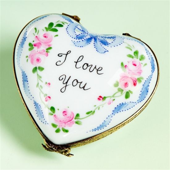 Picture of Limoges Pink Roses and Blue Ribbons " I Love You" Heart Box. 
