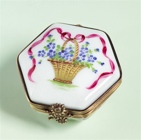 Picture of Limoges Hexagonal  Basket of Blue Flowers and Ribbon Box