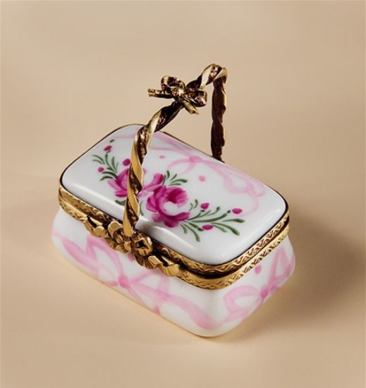 Picture of Limoges Pink Roses and Pastel Ribbons Basket Box