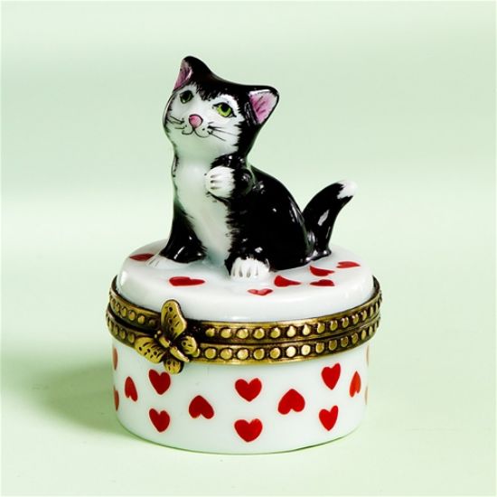 Picture of Limoges Black Cat on Red Hearts Box 