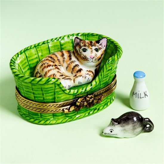 Picture of Limoges Calico Cat in Basket Box with Mouse and Milk and basket 