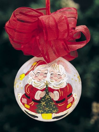 Picture of Italian Hand Painted Glass Mr and Mrs Santa Round Ornament with Bow