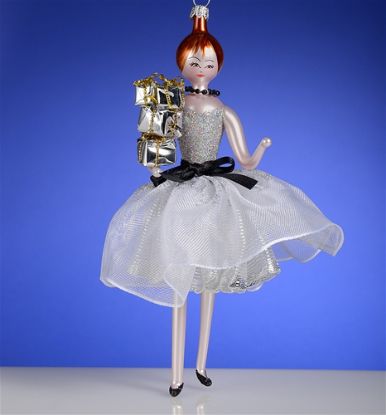 Picture of De Carlini Red Hair Lady in Elegant Silver  Dress with Black Bow and  Gifts