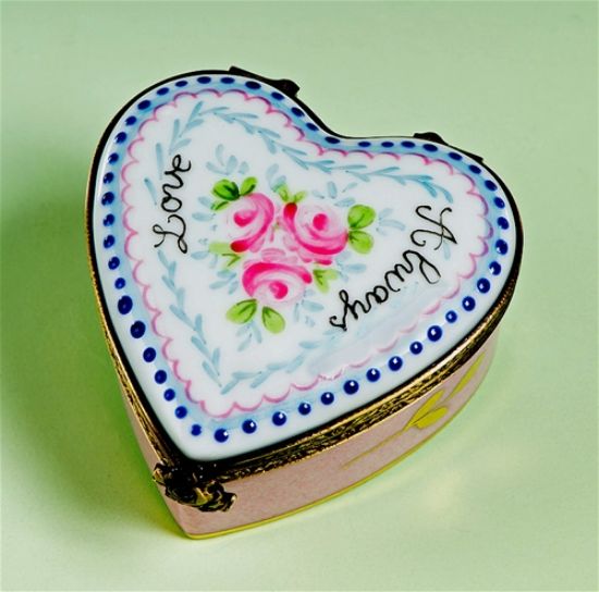 Picture of Limoges " Love Always" Pink Roses with Blue Sprinkles Heart Box