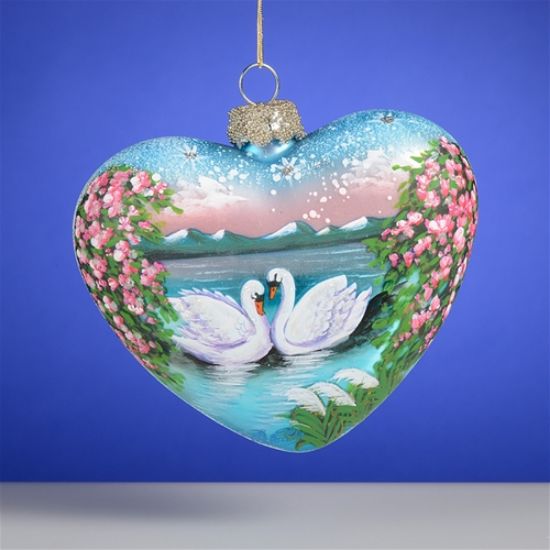 Picture of Russian Swans Hand Painted Heart Glass Ornament 
