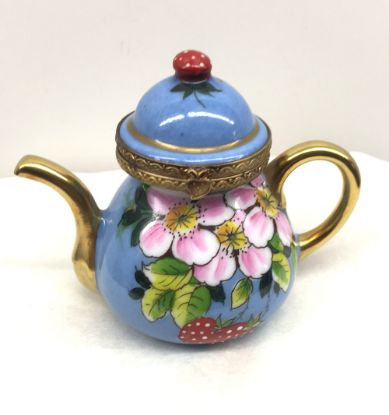 Picture of Limoges Blue Teapot with PInk Flowers Box