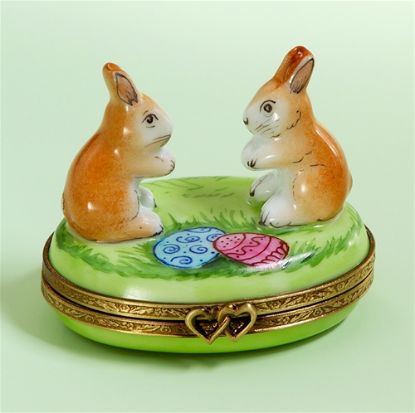 Picture of Limoges Brown Easter Bunnies on Grass with Easter Eggs Box
