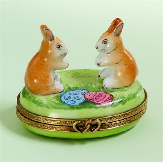 Picture of Limoges Brown Easter Bunnies on Grass with Easter Eggs Box