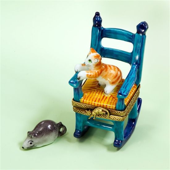 Picture of Limoges Orange Cat in Blue Chair Box with Mouse