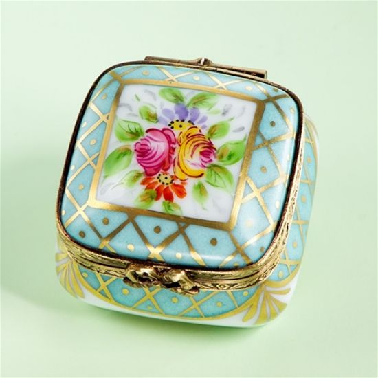 Picture of Limoges Turquoise Gold Grid Box with Roses