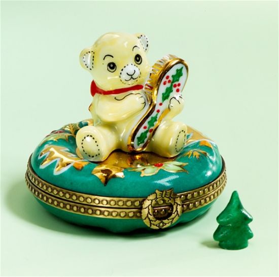 Picture of Limoges Teddy on Wreath with Brush Box and Tree