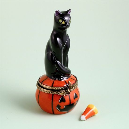 Picture of Limoges Halloween Black Cat on Pumpkin Basket Box with Candy