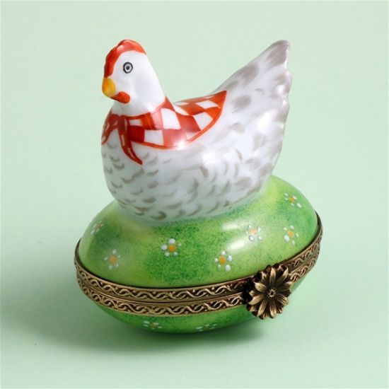 Picture of Limoges White Hen Red Scarf on Grass Box